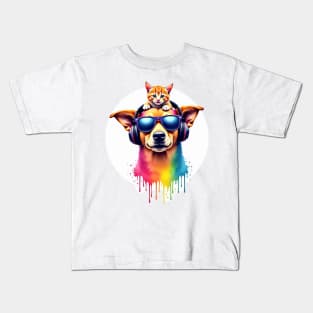 Cool dog with headphones and a cute cat on his head for both cat and dog lovers Kids T-Shirt